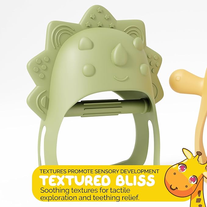 Teethers for Babies 6-12 Months Pack of 2 Wearable Weaning Pacifier Teether Toy - Little Chick Mini Dino Pacifier Silicone Toys for Babies - Yellow and Green by Muqee Peeko