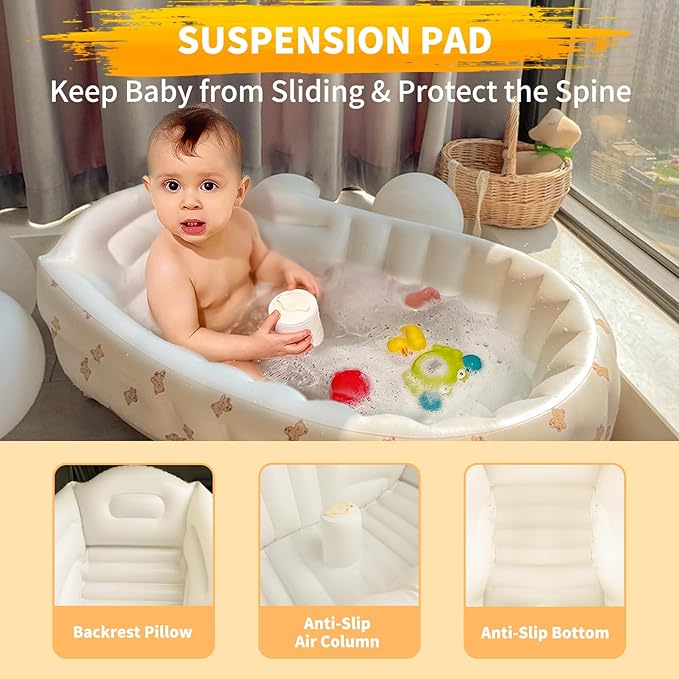 EKEPE Inflatable Baby Bathtub with Built in Pump, Collapsible Safe Baby Bathtub for Newborns and Baby, Non-Slip Travel Mini Swimming Pool for Babies 0-5 Years Old - Bear