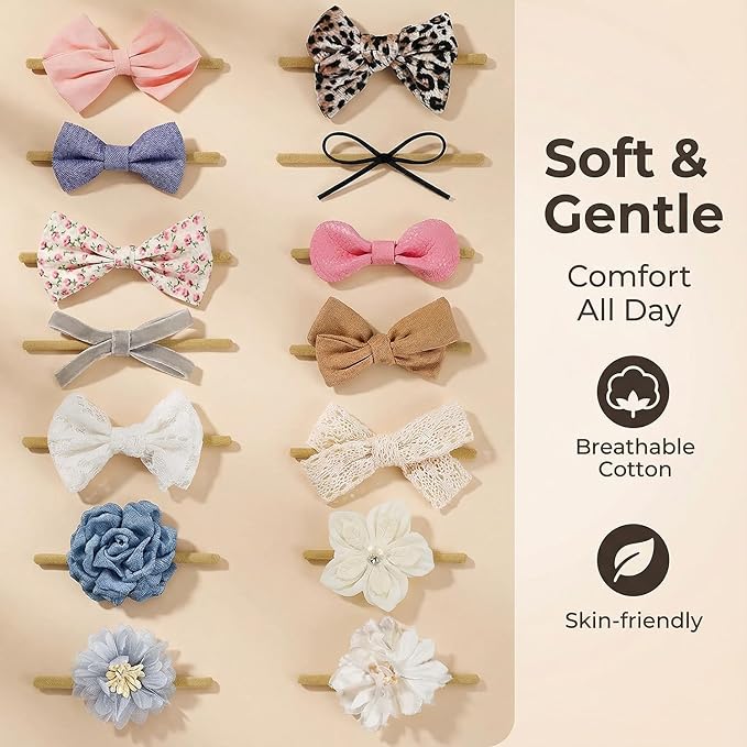 Baby Girl Headbands Nylon Flower Elastic Hairbands 14pcs Hair Accessories Gift for Newborn Infant Toddlers (White)