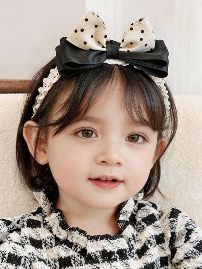Baby Girls Hairbands Bow Lace Headband Handmade Soft Stretchy Pink Bowknot Hairbands Newborn Hairband with Bows Elastic Hair Bands for Kids Infant(Black and Yellow Dot Bow