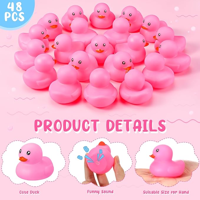 Hungdao 48 Pcs 2 Inch Mini Rubber Ducks for Kids Children Party Favors Bulk Bath Ducks Summer Pool Floating Toys Rubber Duckies Birthday Gifts for Boys Girls Baby Shower Supplies(Pink)