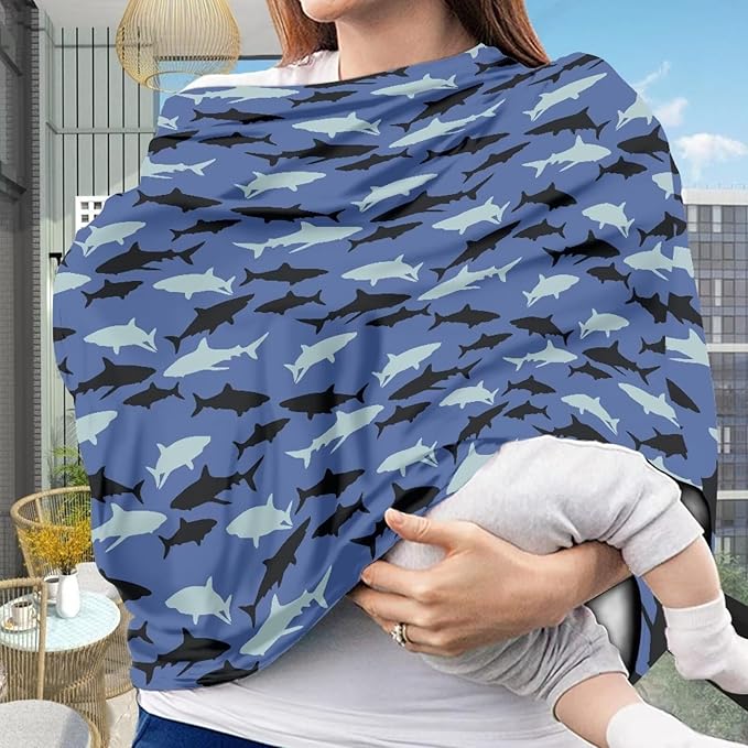 AFPANQZ Cool Shark Pattern Nursing Cover Breastfeeding Scarf Baby Car Seat Covers Infant Stroller Cover Carseat Canopy for Girls and Boys Blue