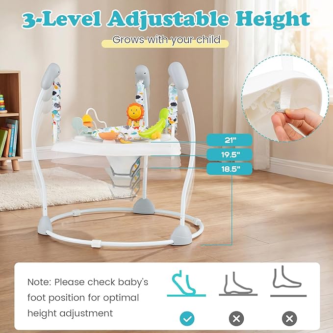 BABY JOY Baby Activity Center, Baby Jumpers and Bouncers with Music, 360° Rotating Seat, 3 Adjustable Heights, Montessori-Inspired Activity Center for Baby 7-15 Months (White)