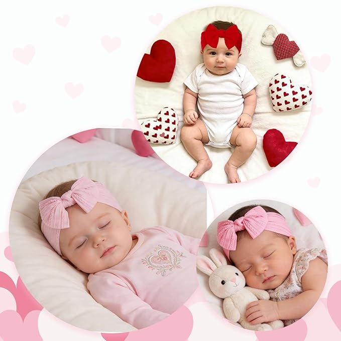 baotongle 3pcs Baby Girls Headbands Soft Stretchy Nylon Hair Bands Hair Accessories with Bows for Newborn Baby Girls Infant Toddlers Kids(Light Pink,Deep Pink,Red, 5.7inches)