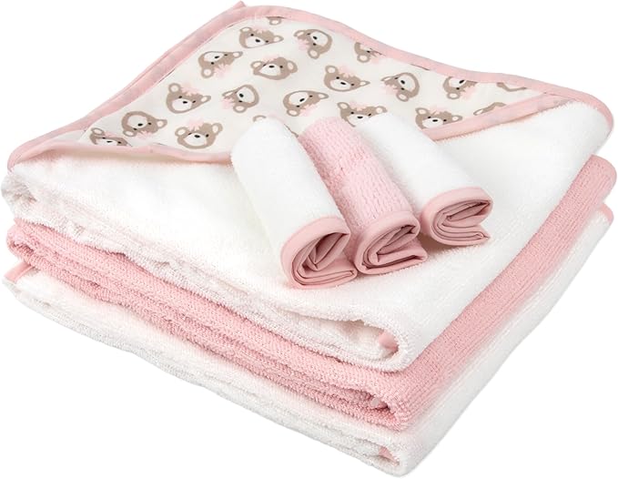 Hooded Baby Bath Towel and Washcloth 6 Piece Set for Newborns, Infants & Toddlers, Boys & Girls Baby Hooded Towels Set (Pink Bows and Teddy Bears)