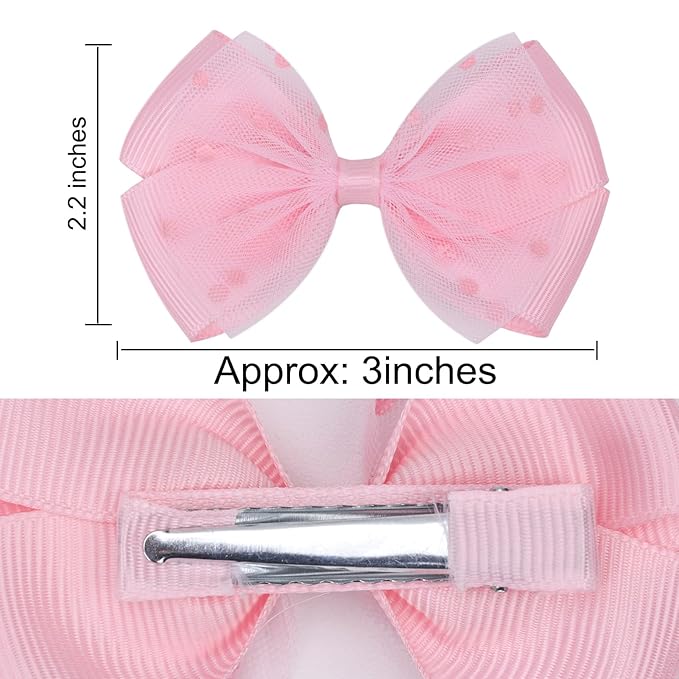 Tiny 3 Inch Dot Organza Double Hair Bow Clips - Cute Lined Boutique Alligator Hairpin for Girls, Toddlers, and Little Teens - Kids Barrettes Set of 2 Small Stylish (Light Pink)