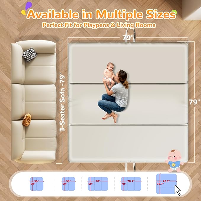 Baby Play Mat for Floor– 1.2" Thick, Foldable, Waterproof, 79×79 Playpen Mat, Non-Toxic, Easy to Clean, Thickened Foam Cushioned, Perfect for Tummy Time & Crawling, Babies & Toddlers