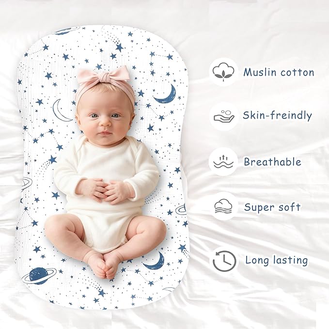 Hooyax Muslin Baby Lounger Cover 2 Pack - 100% Breathable Cotton Soft Infant Lounger Covers, Fits Most Standard Newborn Loungers & Pillows (Blue Checker+Star)