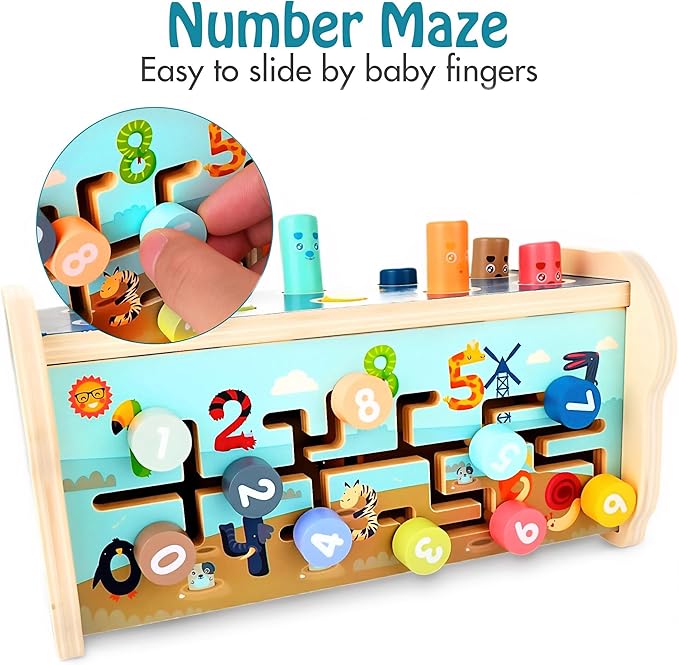 KIDWILL Wooden Hammering Pounding Toy for 12+ Months Kids, Montessori Toys for 1+ Year Old Babies, Early Development Toy with Pounding Bench, Xylophone, Number Sorting Maze, Gifts for Toddlers Age 1-2