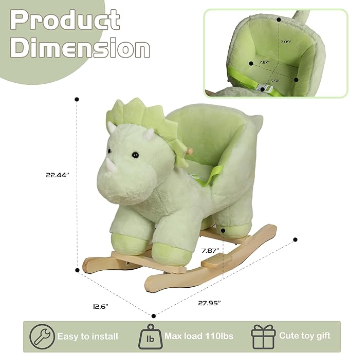 Baby Rocking Horse with Music, Plush Green Dinosaur Riding Horse for Toddlers 1-3 Years, Wooden Rocking Horse Ride-on Toy Rocking Animals for Baby Boys and Girls, Dino Rocker Christmas Birthday Gift