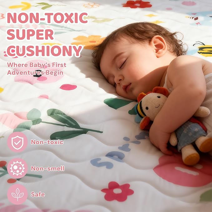 RONGFA Baby Play Mat for Floor, 50'' x 50'' Thicken Foam Soft Padded Mat for Baby, Playpen Mat for Toddlers Infant Kids, Machine Washable, Non-Slip Bottom Safe for Crawling (Flower)