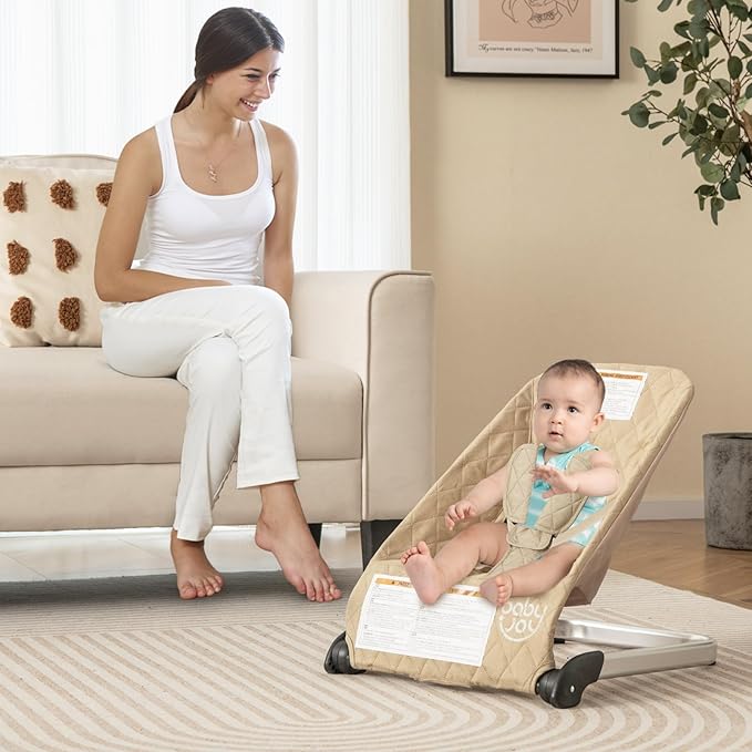 BABY JOY Baby Bouncer, Foldable Bouncer & Stationary Seat with 5-Point Safety Harness, Removable Fabric Cover, Portable Infant Bouncer Seat for Newborns Baby 0-6 Months (Beige)