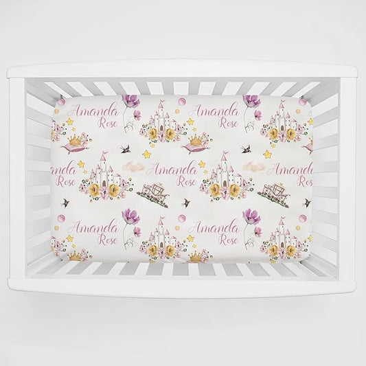 Personalized Pack n Play Sheeted Fitted Soft Material - Custom Princess Castles Baby Mini Crib Sheets for Baby Girls