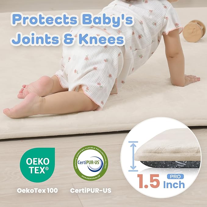 1.5" Super Thick Baby Play Mat for Floor, 79x118 Pro Soft Flannel Foam Mats for Toddler Infant Kids Crawling for Nursery Rug Playroom Living Room Waterproof Easy Care Non-Slip (Beige)