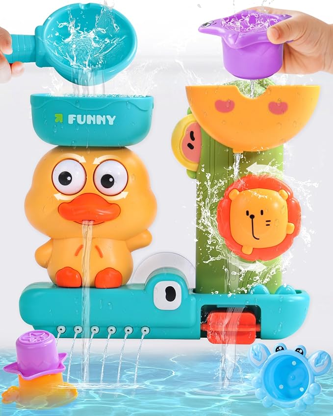 Baby Bath Toys for Kids Ages 1-3 2-4 Toddler Bathtub Water Toys with 3 Strong Suction Cups Battery-Free Duck Waterfall Sensory Shower Toys with Stacking Cups for 18+ Months Boys Girls Birthday Gifts