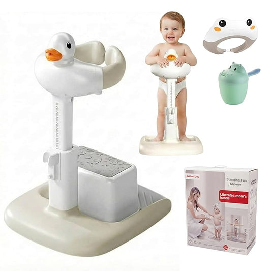 Baby Bath Stand with Built-in Seat - Duck Design - Anti-Slip Base - Baby Shower Stand for Sitting or Standing (White Beige)