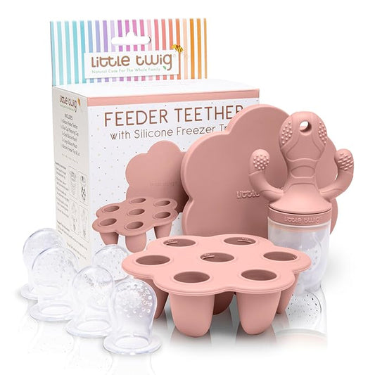 Little Twig Baby Fruit Feeder Pacifier & Teether Set – Silicone Baby Food Feeder with Freezer Tray, BPA Free Teething Toy for Infants, Breast Milk Pops, Fruit & Puree Feeder, Baby Led Weaning Kit