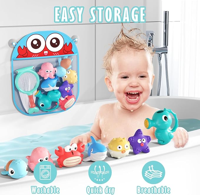Mold Free Baby Bath Toys for Toddlers 1-3, No Hole Ocean Animal Bathtub Set with Mesh Organizer, Sensory Water Play for Infants 6-12 Months