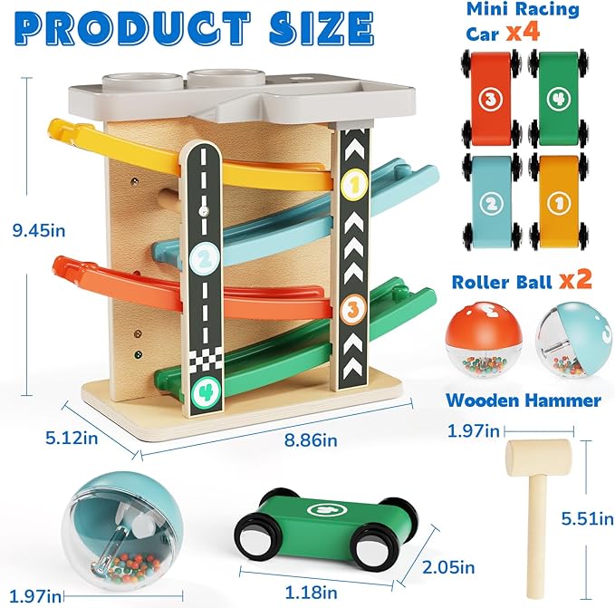 Wooden Car Ramp Race Track 2-in-1 Pound Ball Toddler Toy Ball Drop Baby Toy Set Gift for 1 2 3 Year Old Boys Girls Montessori Developmental Learning Activity Interactive Birthday Present