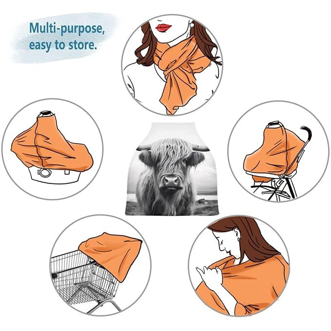 Baby Car Seat Covers Highland Cow Stretchy Breastfeeding Scarf Breathable Infant Carseat Canopy Nursing Covers Multi Use for Stroller High Chair Shopping Cart Boys and Girls