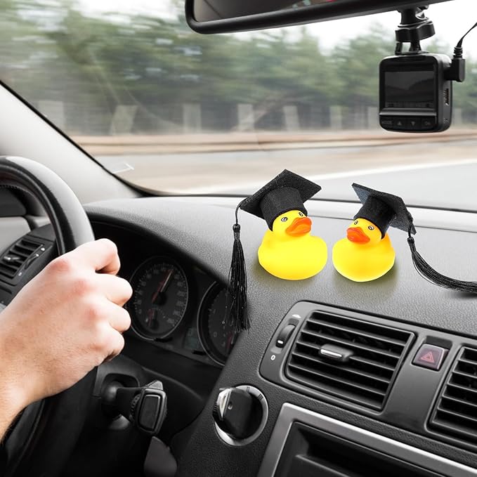 Lenwen 24 Pcs Graduation Rubber Ducks with Grad Cap Mini Rubber Duckies Gifts Bulk for Graduation Party Favors Decoration(Black Grad Hat)