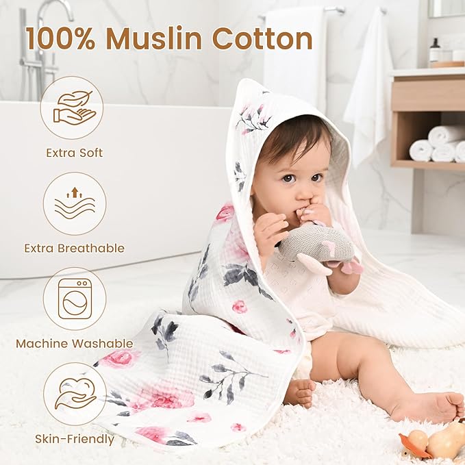 david's kids 2 Pack Baby Hooded Towels, Large 32"x32", 6 Layer 100% Muslin Cotton Absorbent Girl Bath Towel for Newborn, Infant and Toddler. Soft and Breathable Baby Essentials, Pink Floral&Rose