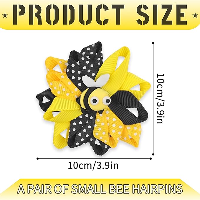Bee Bow Hair Clips Cute Bee Hair Bows Hair Barrettes Honeybee Yellow Black Polka Dot Bows Hair Pins Spring Hair Accessories for Girls Toddlers Teens Animal Themed Birthday Party Supplies 2PCS