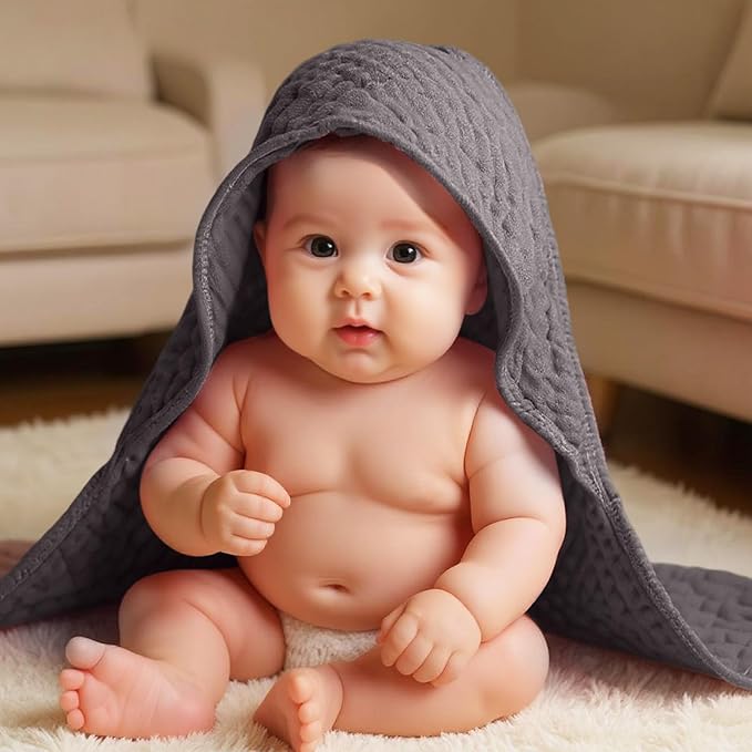 Peryiter 6 Pcs Muslin Hooded Baby Towels 32 x 32 Inch Cotton Newborn Bath Essentials Muslin Infant Blankets Absorbent Registry Gifts for Girl Boy Kids Baby Shower (Gray Series)