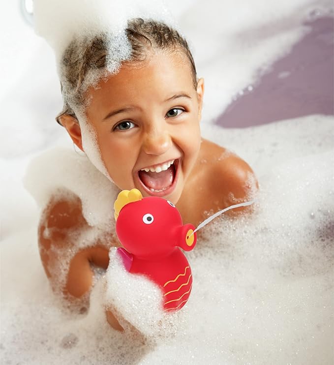 DolliBu Seahorse Bath Buddy Squirter – Floating Red Seahorse Rubber Bath Toy, Fun Water Squirting Bathtime Play for Toddlers, Cute Sea Life Animal Toy for The Bathtub, Beach, & Pool for Girls & Boys