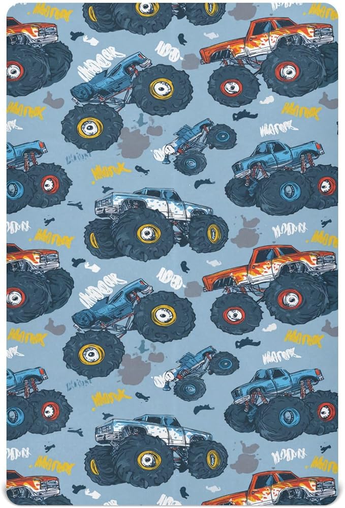 Baby Crib Sheet Monster Truck Cars Crib Mattress for Boys and Girls Playard Sheet Soft Breathable Fitted Baby Mattress Cover 52x28in