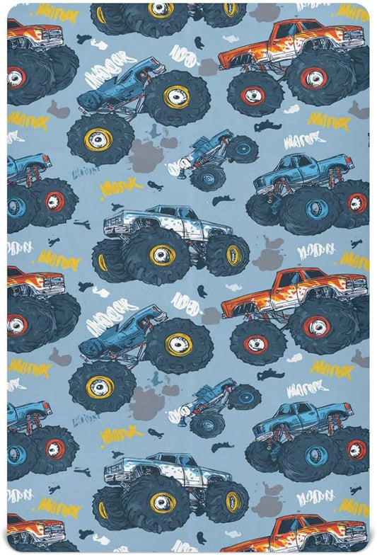 Baby Crib Sheet Monster Truck Cars Crib Mattress for Boys and Girls Playard Sheet Soft Breathable Fitted Baby Mattress Cover 52x28in