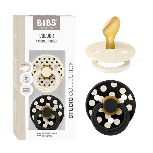 BIBS Polka Dots Pacifier 2-Pack, BPA Free Pacifiers with a Anatomical Latex Nipple, Made in Scandinavia, Size 2 (6-18 Months), Ivory/Black
