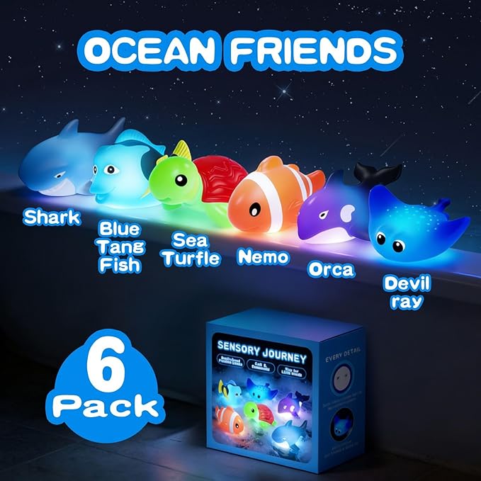 Light Up Bath Toys,Mold Free No Hole Baby Bath Toys for Toddlers,Water-Activated Lights Flashes and Change Color Ocean Animal,Sensory Toys for Kids,Water Table,Bathtub,Shower,Pool