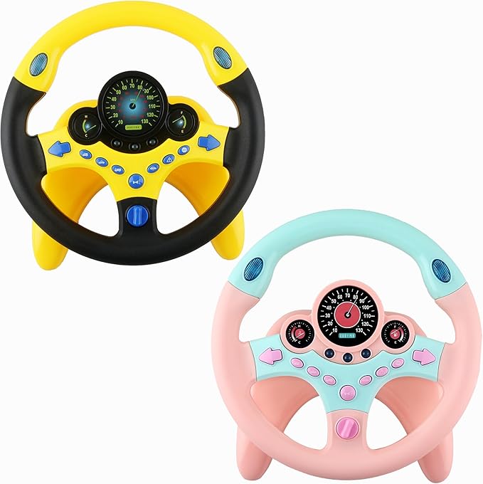 2 Pack Car Driving Simulated Toy Kids Steering Wheel Copilot Driving Steering Wheel Toy with Light Music for Kids Early Learning Educational Sounding Toys, 2 Colors