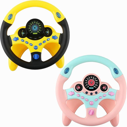 2 Pack Car Driving Simulated Toy Kids Steering Wheel Copilot Driving Steering Wheel Toy with Light Music for Kids Early Learning Educational Sounding Toys, 2 Colors