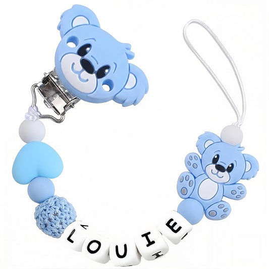 Custom Silicone Bead Personalized Pacifier Clip with Name for Baby, Customized Pacifier Clip Fits All Pacifiers (Bear.)