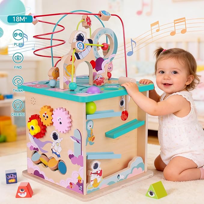 Pre-Assembled 9 in 1 Wooden Activity Cube. Educational Learning Toy for Kids with Bead Maze, Shape Sorter and Music Gears and More. for Toddlers 18 Month+. Birthday Gifts for Boys and Girls