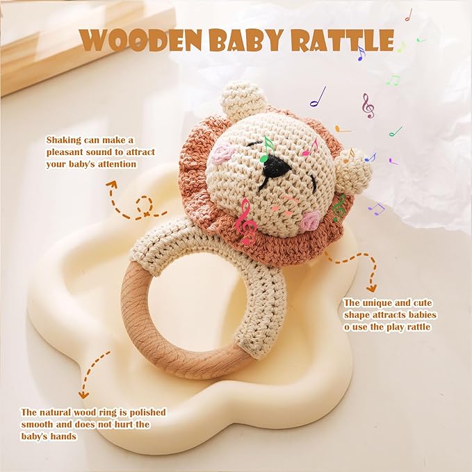 Wooden Baby Rattle，Crochet Lion Rattle with Wood Ring, Newborn Wooden Animal Rattle Toy，Infant Lion Wood Rattle Toys