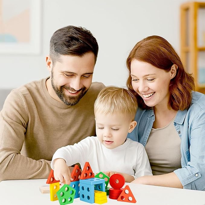 LovesTown Stacking and Sorting Learning Puzzles, Montessori Wooden Sensory Toys for Toddlers, 20 PCS