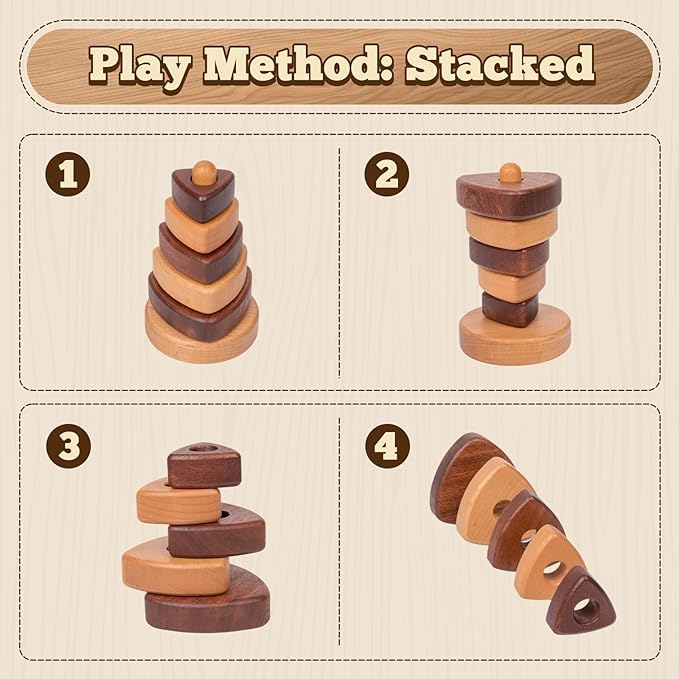 Adena Montessori Ring Natural Wood-Colored Wooden Stacking Toy,Montessori Geometric Stacker Wooden Educational Toy,Baby and Toddler Ages 12+ Months Shape Sorter and Stacking Tower for Babies(Triangle)