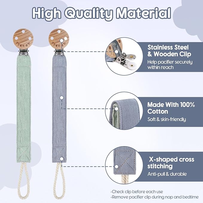 TYRY.HU Ribbon Pacifier Clip Holder,2 Pack Binky Paci Holder Clips, Pacifier Leash for Baby Boys and Girls,Fabric Pacifier Strap Universal Fits for Most Pacifier, Styles & Teethers Toys(Blue,Green)