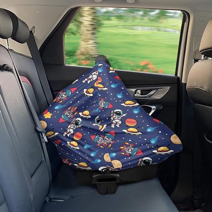 GIFTPUZZ Astronaut Car Seat Canopy Nursing Cover, Multi Use Baby Stroller and Carseat Cover, Nursing Covers Breastfeeding Scarf, Breathable Stretchy 360 Coverage, Perfect Babies Shower Gifts