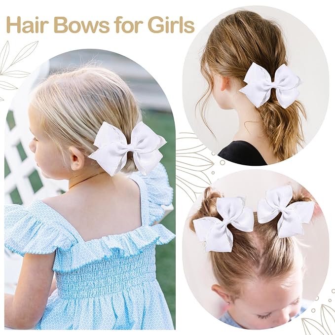 OAOLEER 5” 2PCS Hair Bows for Girls, White Grosgrain Ribbon Bows Hair Alligator Clips Hair Accessories for Girls Infants Toddlers Kids Teens Children (White)