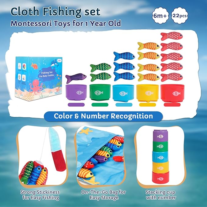 TenFans Montessori Fishing Toy for Babies 6-18 Months, Soft Cloth Ocean Sensory Toy with Stacking Cups & Color Sorting, Early Learning Toy, First Birthday Gift for Boys Girls