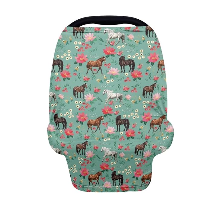 Car Seat Canopy for Baby Girls, Horse Print Nursing Cover Elastic Breastfeeding Cover Soft Car Infant Seat Cover