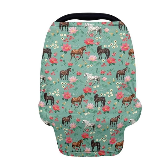 Car Seat Canopy for Baby Girls, Horse Print Nursing Cover Elastic Breastfeeding Cover Soft Car Infant Seat Cover