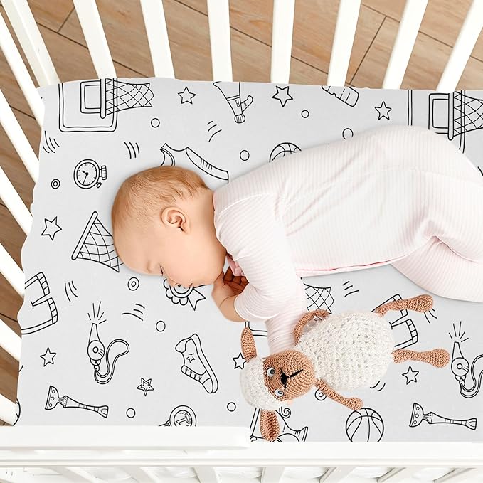 Fitted Crib Sheets Basketball Sport Stretchy Portable Playard Sheets for Baby Toddler, Breathable Soft Mini Crib Mattress 39 x 27 in for Boys and Girls