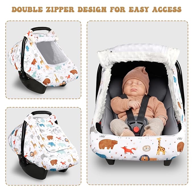 Baby Car Seat Cover for Boys, Infant CarSeat Covers with Mesh Man Fai Sky, Multi-Functional Newborn Canopy Breathable for Summer Winter, Windproof & Universal Fit, Animal