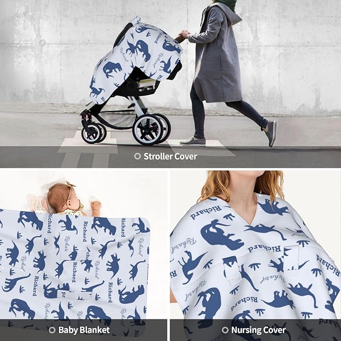 Personalized Baby Car Seat Canopy for Babies with Name, Custom Dinosaur Stroller Car Seat Covers for Boys, Nursing Carseat Cover for Breastfeeding, Car Seat Canopies for Infant Newborn