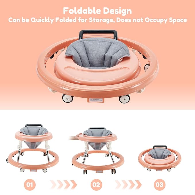Baby Walker Foldable with 6 Adjustable Heights, Baby Walker with Wheels Portable, Infant Toddler Walker for Baby Boy Girls 6-18 Months (Pink)